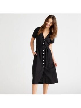 Quince Linen Black Button-Front Tie-Waist Midi Dress Medium